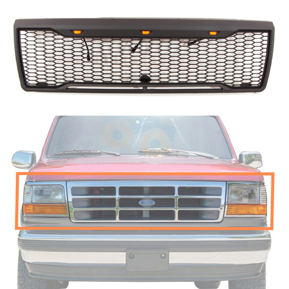 Front Grille For 1992 1993 1994 1995 1996 Ford Bronco F150 Front Bumper  Grill Replacement Grilles W/3 Led Lights Black