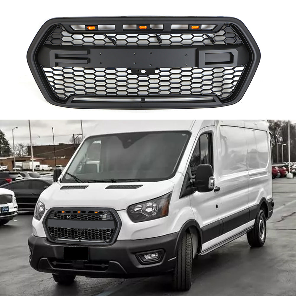 Front Grille For 2022 Ford Transit Custom Bumper Grills Grill Cover W/3 LED Light Black