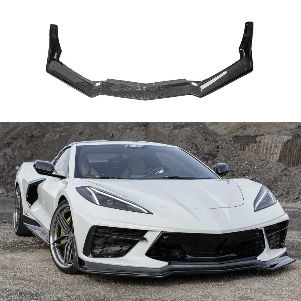 Front Lip Compatible with 2022 2023 Corvette C8 Z51 ZR1 Style STG 3 Winglet Front Bumper Chin Lip Splitter ABS 7PCS Carbon Fiber Look