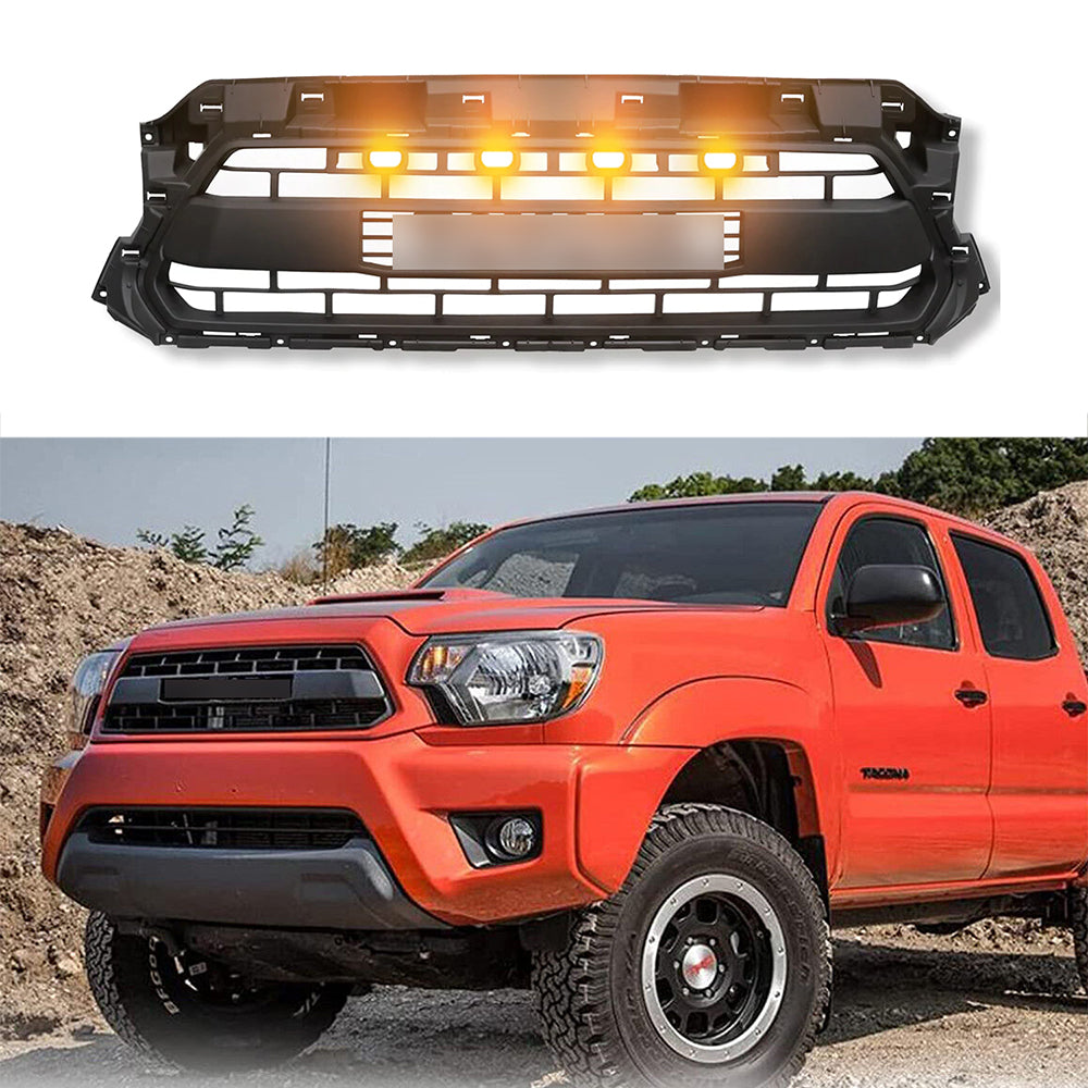 Front Grille For 2012-2015 Toyota Tacoma Grills Grill Cover W/4 LED Light Black