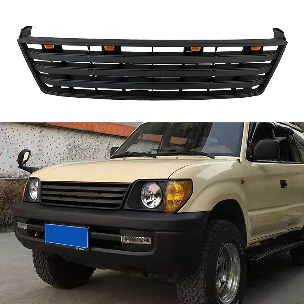 Front Grille For 1996-2002 Toyota Land Crusier LC95 Bumper Grills Grill Cover W/4 LED Light Black