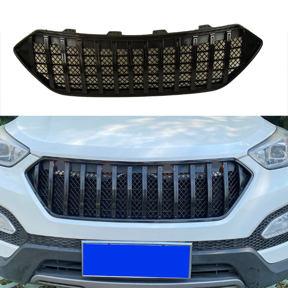 Front Grille For 2013-2016 Hyundai Santa Fe Bumper Grills Grill Cover W/3 Light Gloss Black