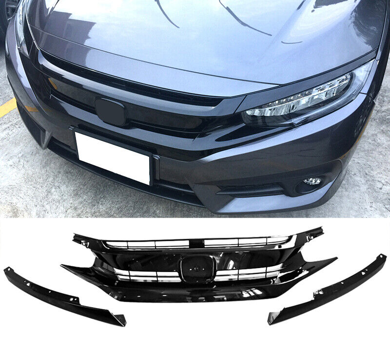 Fits 2016 2017 2018 2019 2020 2021 Honda Civic 10th Gen OE Gloss Black Front Bumper Hood Mesh Grille