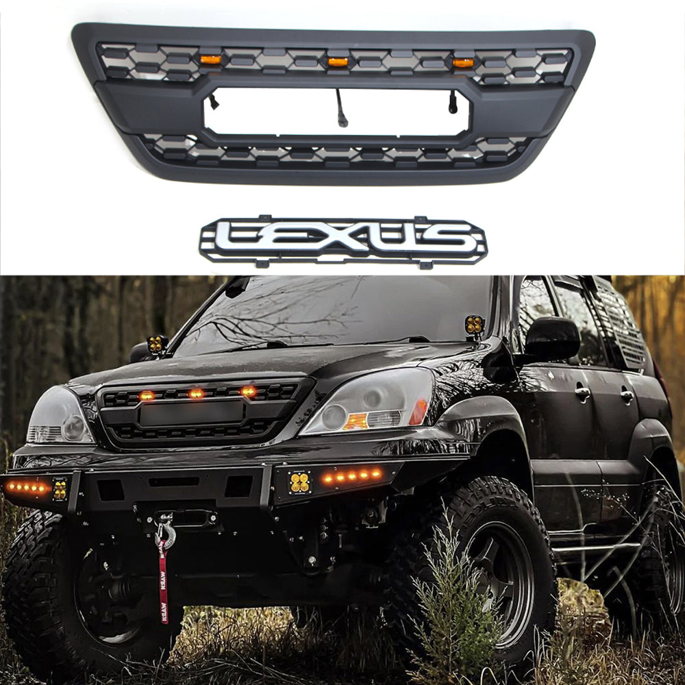 Front Grille For 2003 2004 2005 2006 2007 2008 2009 Lexus GX470 Front Center Mesh Grill Cover With 3 LED Lights Black