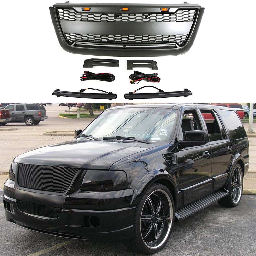 Front Grille For 2003 2004 2005 2006 Ford Expedition Bumper Grills Grill Cover W/3 LED Lights and Light Bar Black