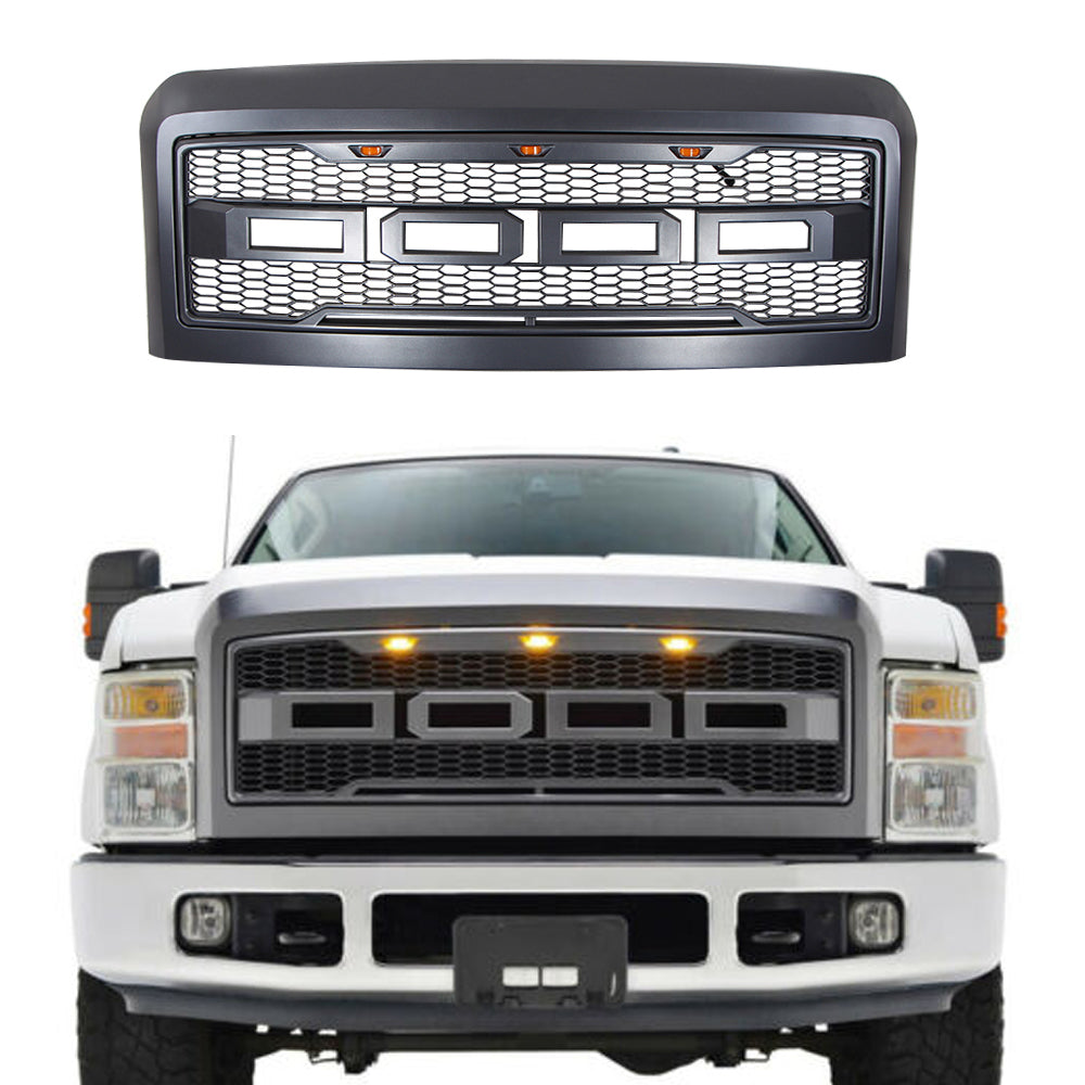 Front Grille for 2008 2009 2010 Ford F250 F350 Raptor Style Front Bumper Grill W/3 Led Lights