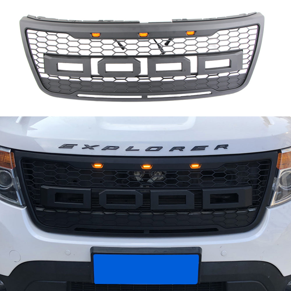 Front Grille For 2011 2012 2013 2014 2015 Ford Explorer Front Mesh Grille Grill Honeycomb Cover W/3 Lights Black