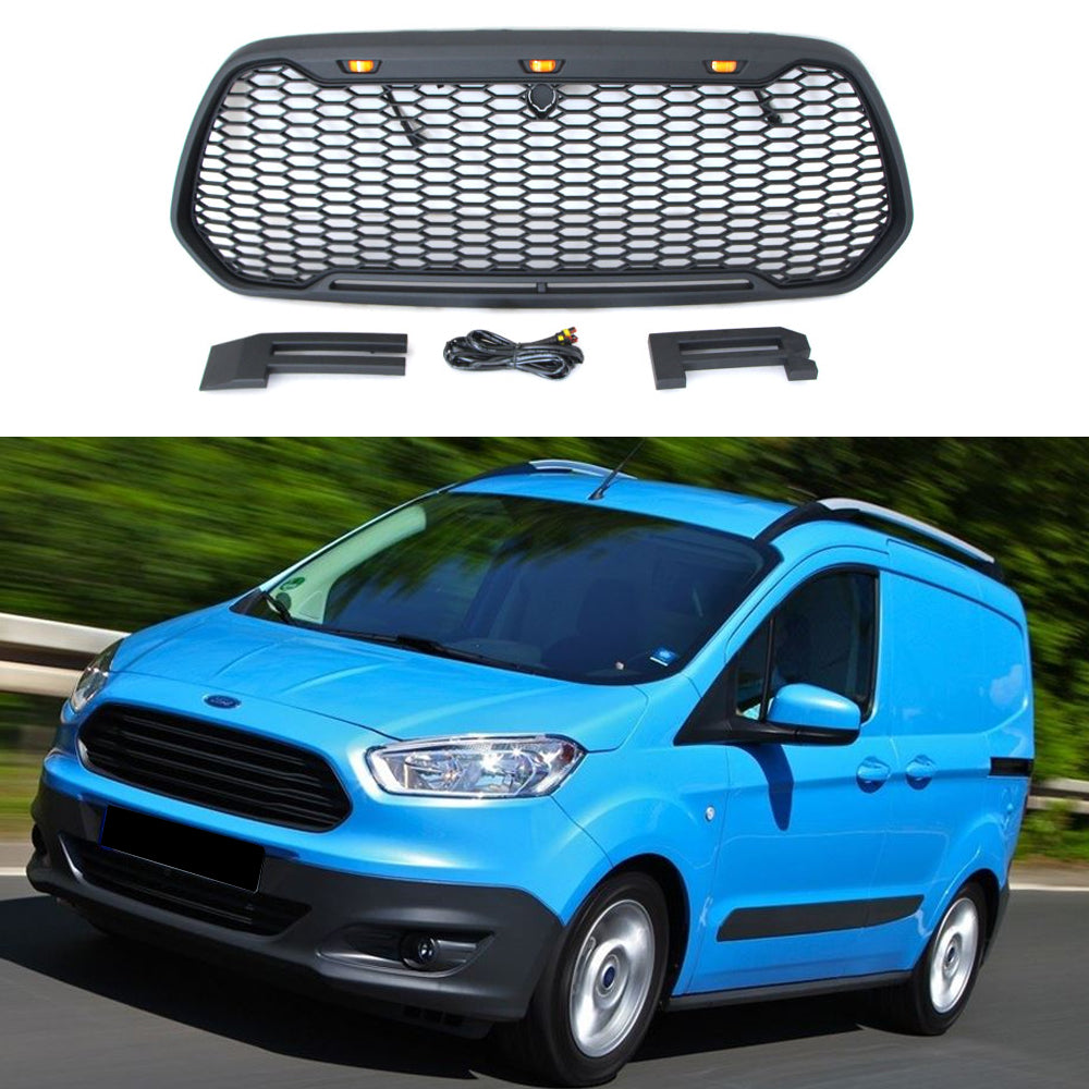 Front Grille For 2014 2015 2016 2017 2018 2019 2020 2021 Ford Transit Custom Bumper Grills Grill Cover W/3 LED Light Black