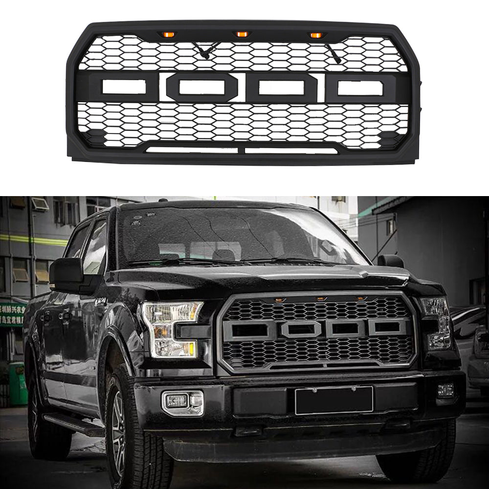 Front Grille For 2015 2016 2017 FORD F150 Grill Raptor style Bumper Mesh Grilles W/3 Lights Black