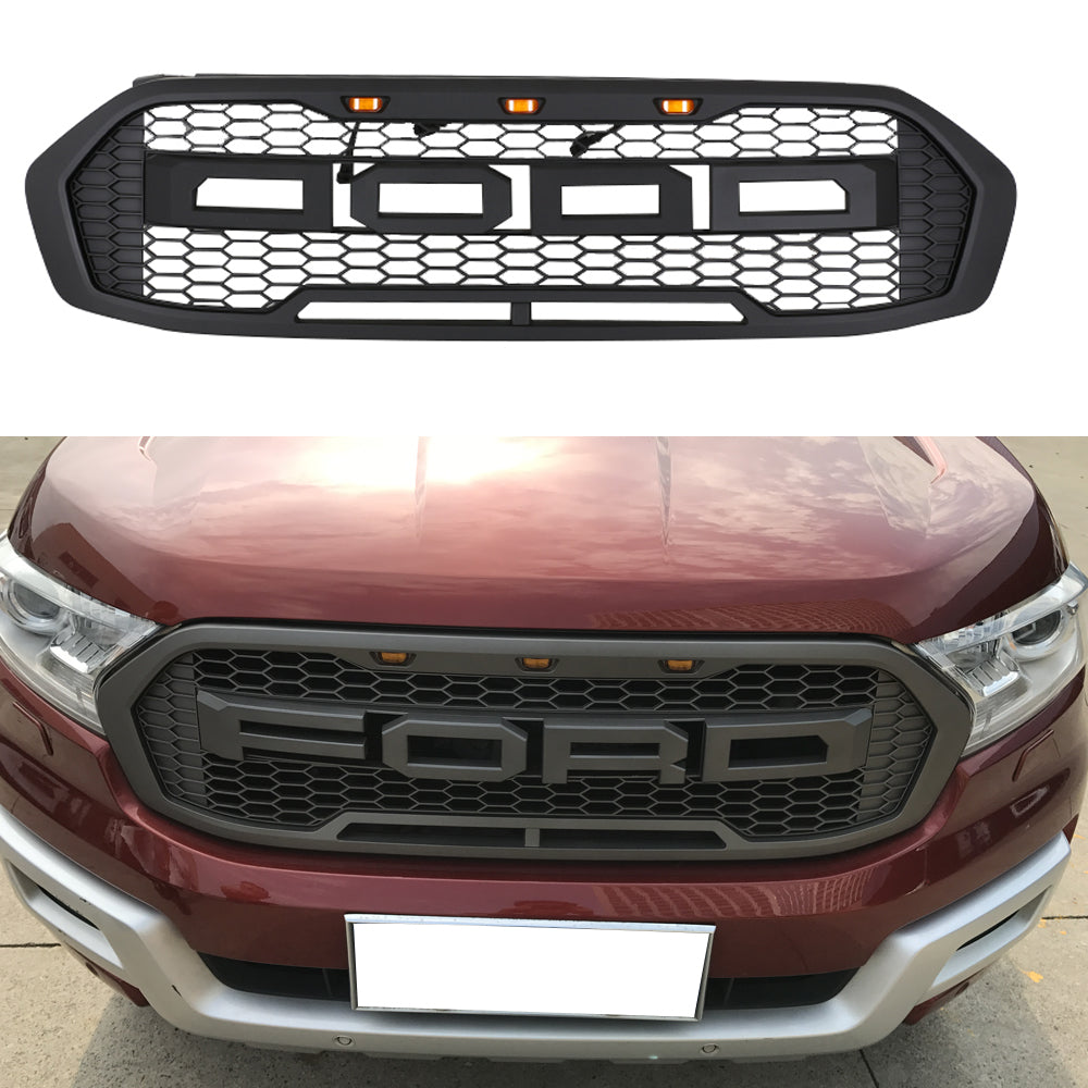 Front Grlle For 2017 2018 2019 Ford Everest Bumper Grills Grill Cover W/3 LED Light Black