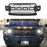 Front Grille For 2018 2019 2020 Ford F150 Mesh Grills Grill Cover Wi/3 Lights and 2 Side Light Black