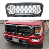Front Grille For 2021 Ford F150 Raptor Style Bumper Grills Grill Cover W/3 LED Light Black