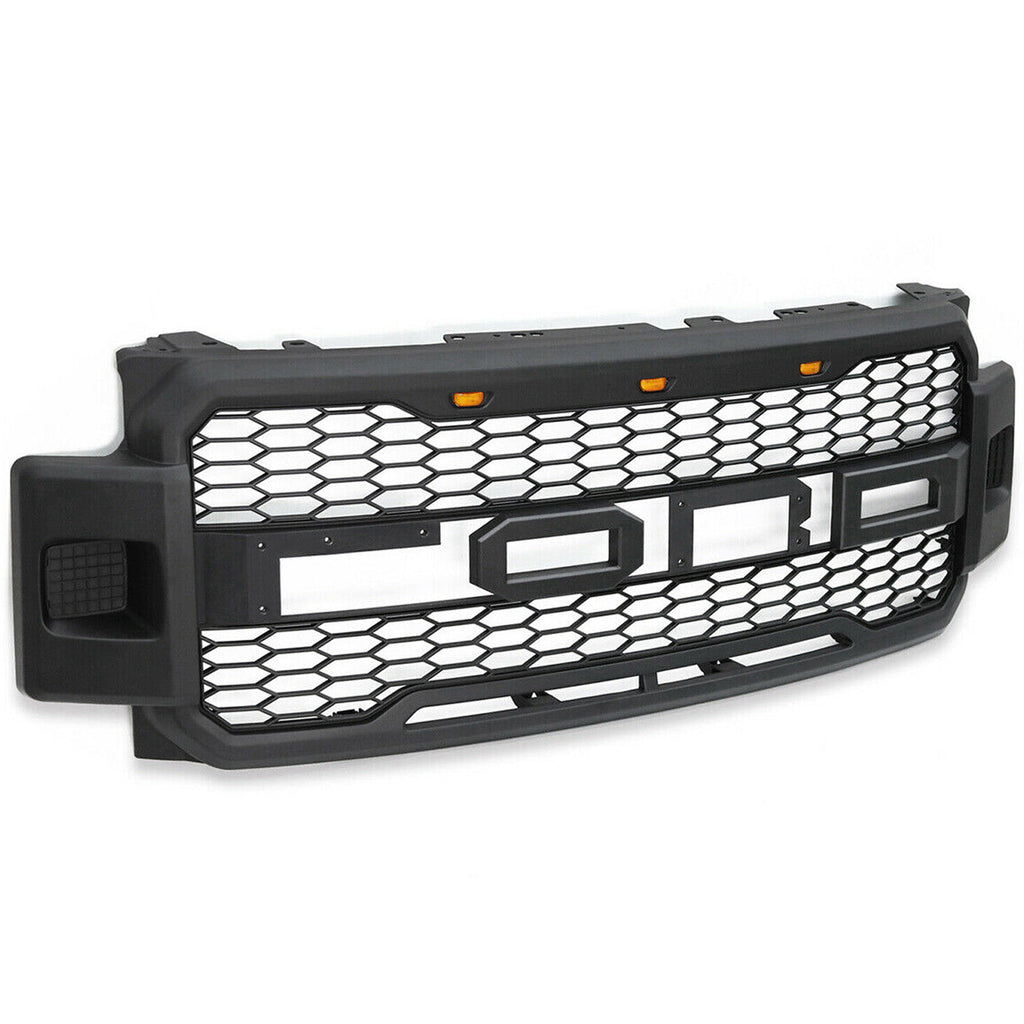 Front Grille For 2017 2018 2019 Ford F250 F350 Super Duty Upper Bumper Grill With 3 Led Lights Black