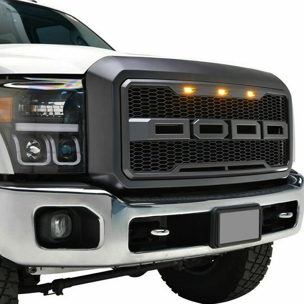 Front Grille For 2011 2012 2013 2014 2015 2016 Ford F250 F350 Super Duty Grill Raptor Style W/3 Lights Black