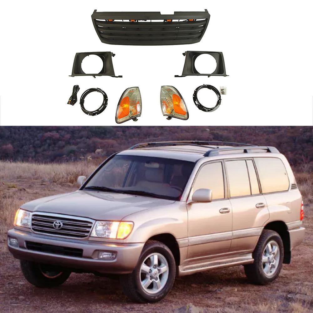 Front Grille Light For 1998-2006 Toyota Land Crusier LC100 Bumper Grills Grill Cover W/4 LED Lights Black