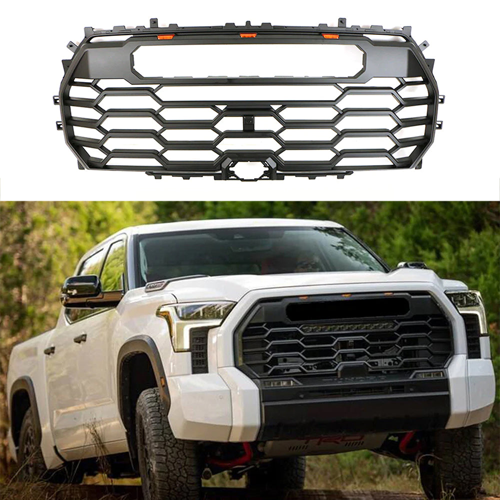 Front Grille For 2022-2023 Toyota Tundra Bumper Grills Grill Cover W/3 LED Lights Black