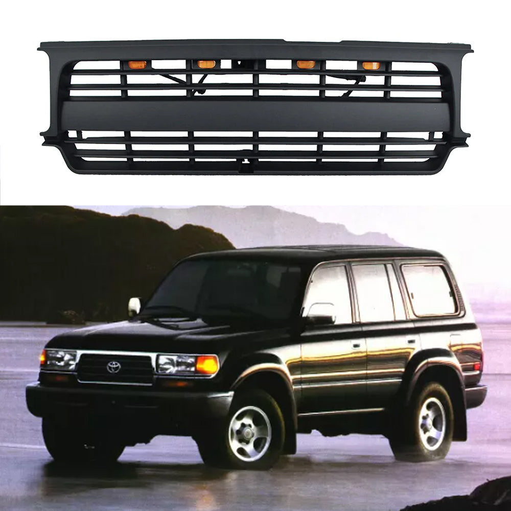 Front Grille For 1990-1997 Land Crusier LC80 Bumper Grills Grill Cover W/4 LED Light Black