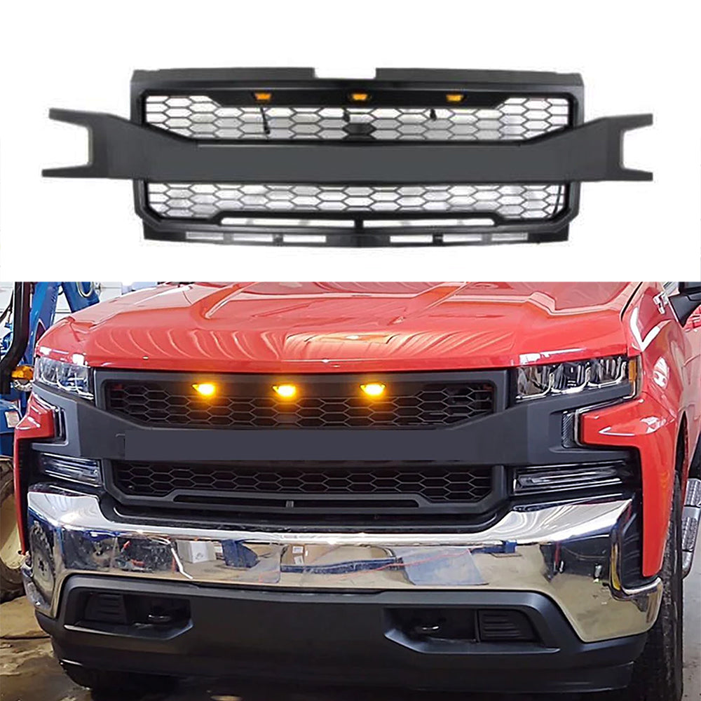 Front Grille for 2019-2021 Chevy Chevrolet Silverado 1500 Bumper Grills Grill Cover W/3 LED Light Black