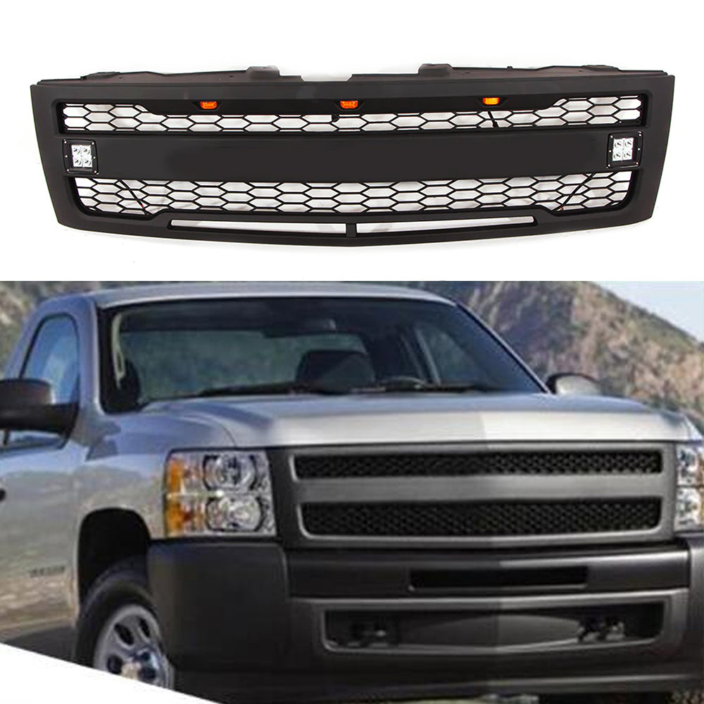 Front Grille For 2007 2008 2009 2010 2011 2012 2013 Chevrolet Silverado 1500 Bumper Grills Grill Cover W/3 LED Lights Black