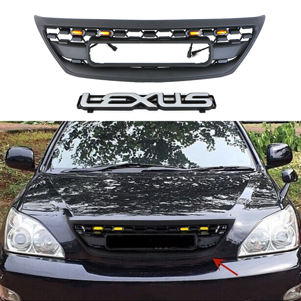 For 1999 2000 2001 2002 2003 Lexus RX270 300 330 350 400 450 Front Grille Front Center Mesh Grille Grill Cover With 4 LED Lights Black