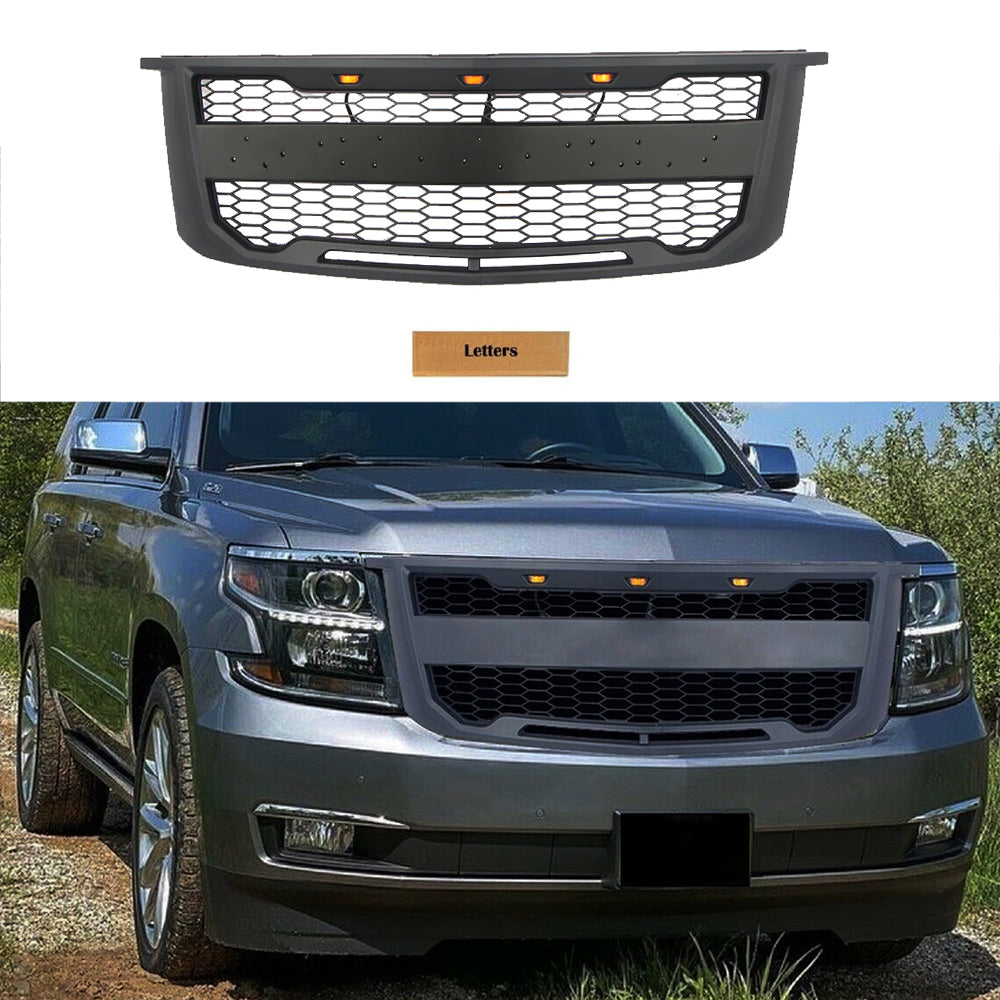 Front Grille For 2015-2019 Chevrolet Suburban Tahoe Bumper Grills Grill Cover W/3 LED Light Black
