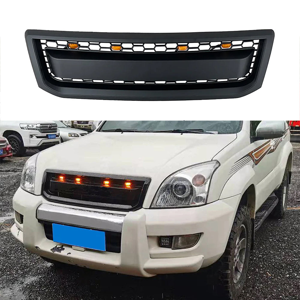 Front Grille With Grille For 2002-2009 Toyota Land Crusier LC120 Bumper Grills Grill Cover W /4 LED Lights Black