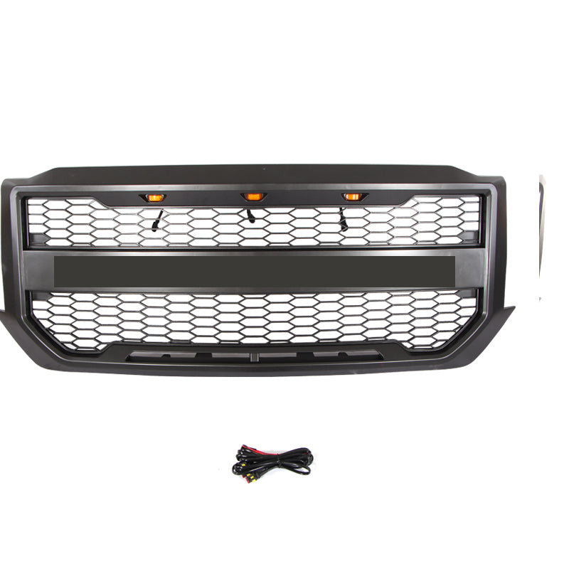 Front Grille For 2016-2018 Chevrolet Silverado 1500 Bumper Grills Grill Cover W/3 LED Light Black
