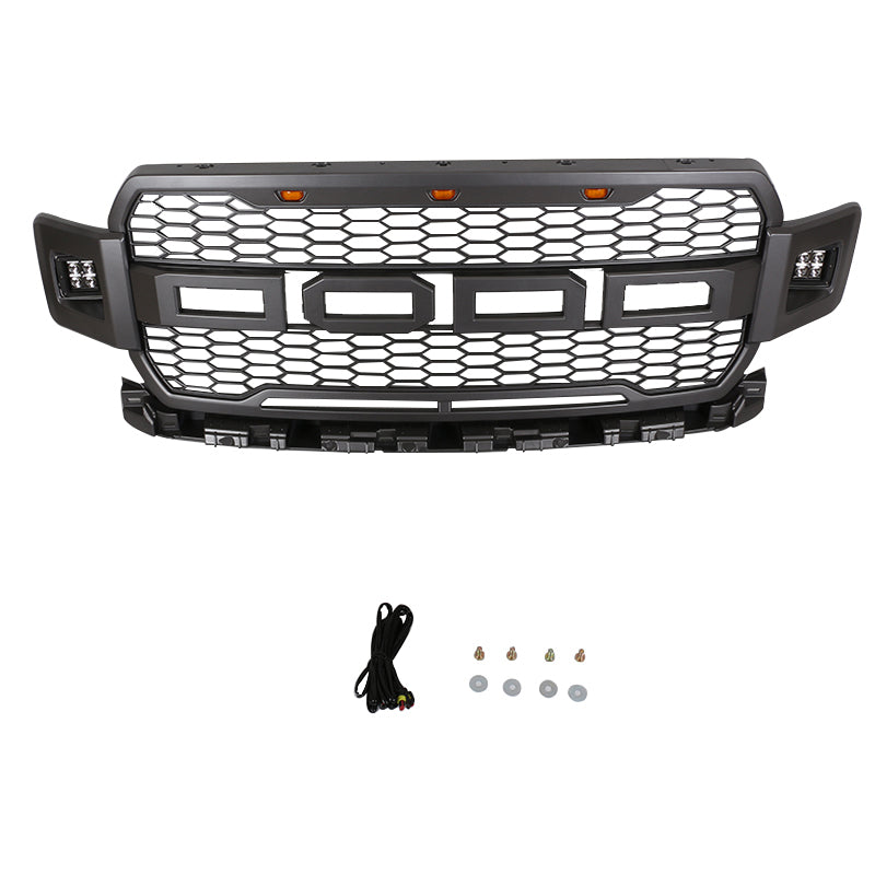 Front Grille For 2018 2019 2020 Ford F150 Mesh Grills Grill Cover Wi/3 Lights and 2 Side Light Black