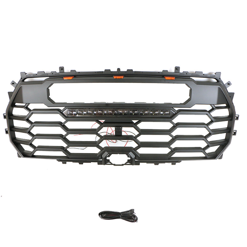 Front Grille For 2022-2023 Toyota Tundra Bumper Grills Grill Cover W/3 LED Lights&Light Bar Black
