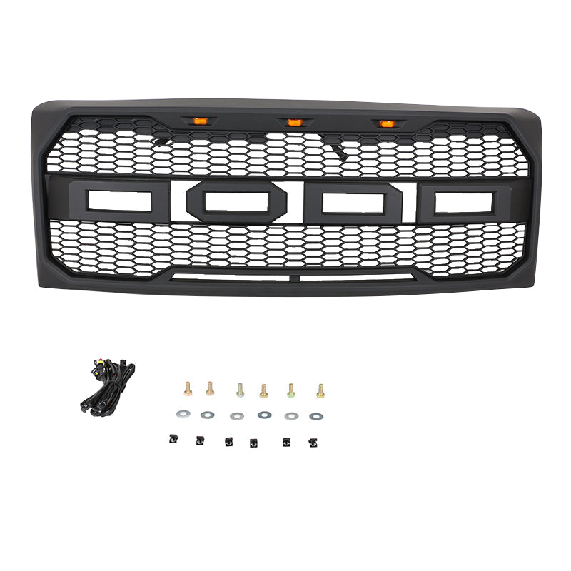 Front Grille For 2009 2010 2011 2012 2013 2014 Ford F150 Super Duty Raptor Style Grills Grill W/3 Light Black