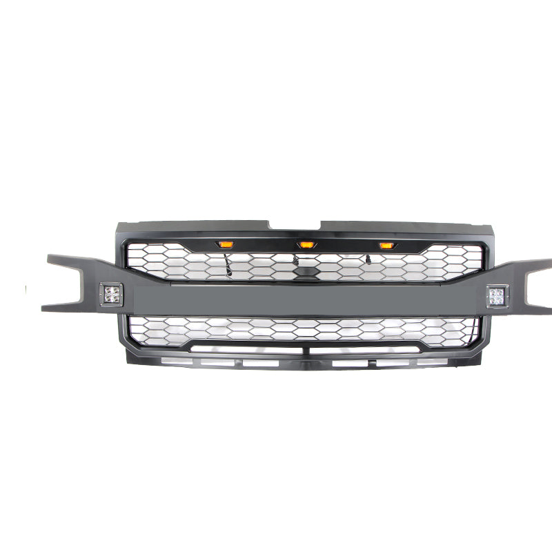 Front Grille For 2019 Chevrolet Silverado 1500 Bumper Grills Grill Cover W/3 LED Lights Black