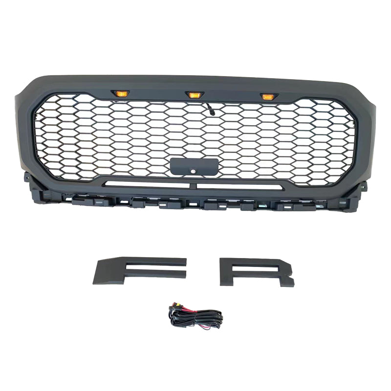 Front Grille For 2021 Ford F150 Raptor Style Bumper Grills Grill Cover W/3 LED Light Black