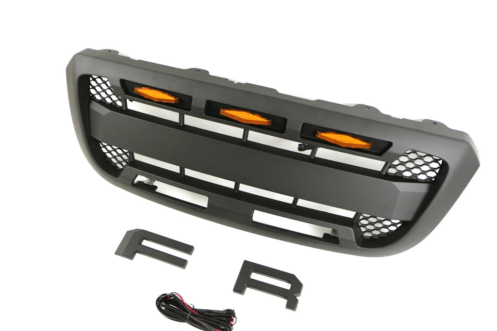 Front Grille For 2004 2005 2006 2007 2008 2009 2010 2011 Ford Ranger Bumper Grills Grill Cover W/3 LED Light Black