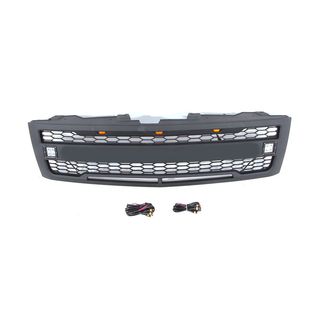 Front Grille For 2007 2008 2009 2010 2011 2012 2013 Chevrolet Silverado 1500 Bumper Grills Grill Cover W/3 LED Lights Black