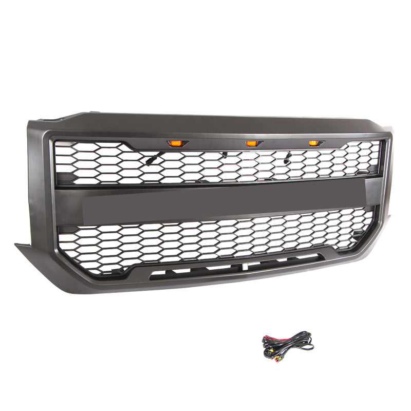 Front Grille For 2016-2018 Chevrolet Silverado 1500 Bumper Grills Grill Cover W/3 LED Light Black