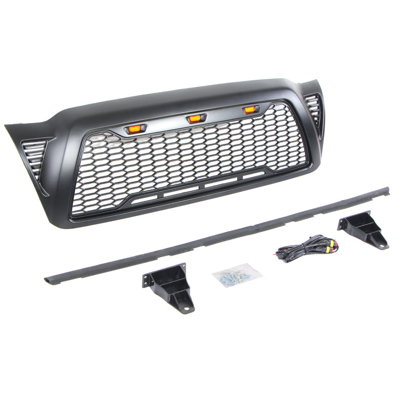 Front Grille For 2005-2011 Toyota Tacoma Bumper Grills Grill Cover W/3 Light and Side Light Black